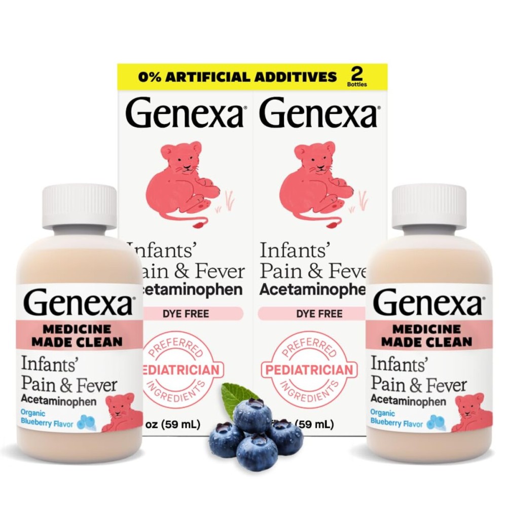 Genexa Infants\' Clean Acetaminophen | Pediatrician Preferred Ingredients | Pain Reliever & Fever Reducer for Babies | Dye Free, 0% Artificial Additives | Organic Blueberry Flavor, 4 fl oz (2 Pack)