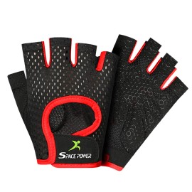 Spacepower Workout Gloves - Fingerless Gym Gloves for Men & Women, Weight Lifting & Cycling, Breathable, Full Palm Protection, Large, Red