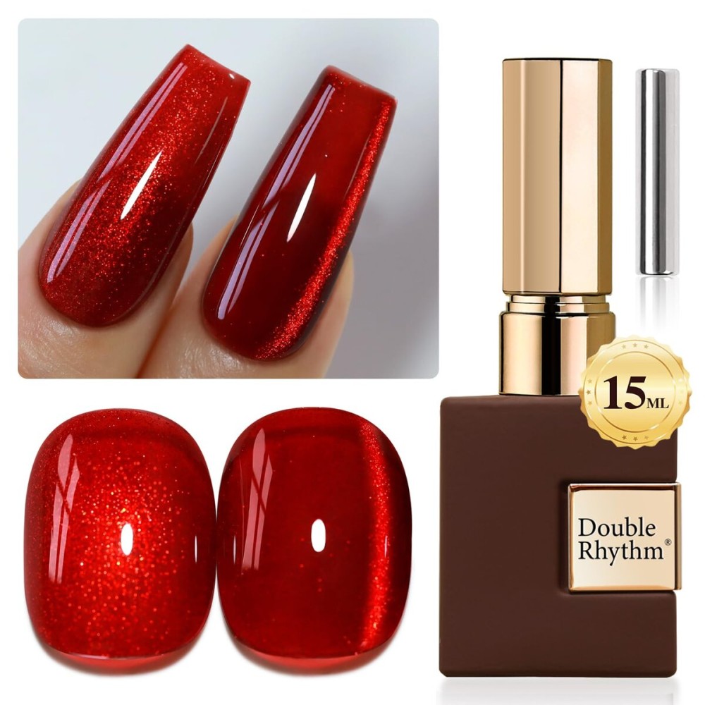 Double Rhythm 0.5 OZ Cat Eye Gel Polish with Magnet 15ML Holographic Glitter Shimmer Translucent Jelly Color Magnetic Nail Polish Salon DIY at Home (Blood Red-MC1046)