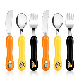 Lehoo Castle 6 Pieces Toddler Utensils, Kids Silverware for 2 3 4 Years Old, Stainless Steel Knife Fork and Spoon Set with Plastic Handle, Safe Toddler Cutlery (Black)