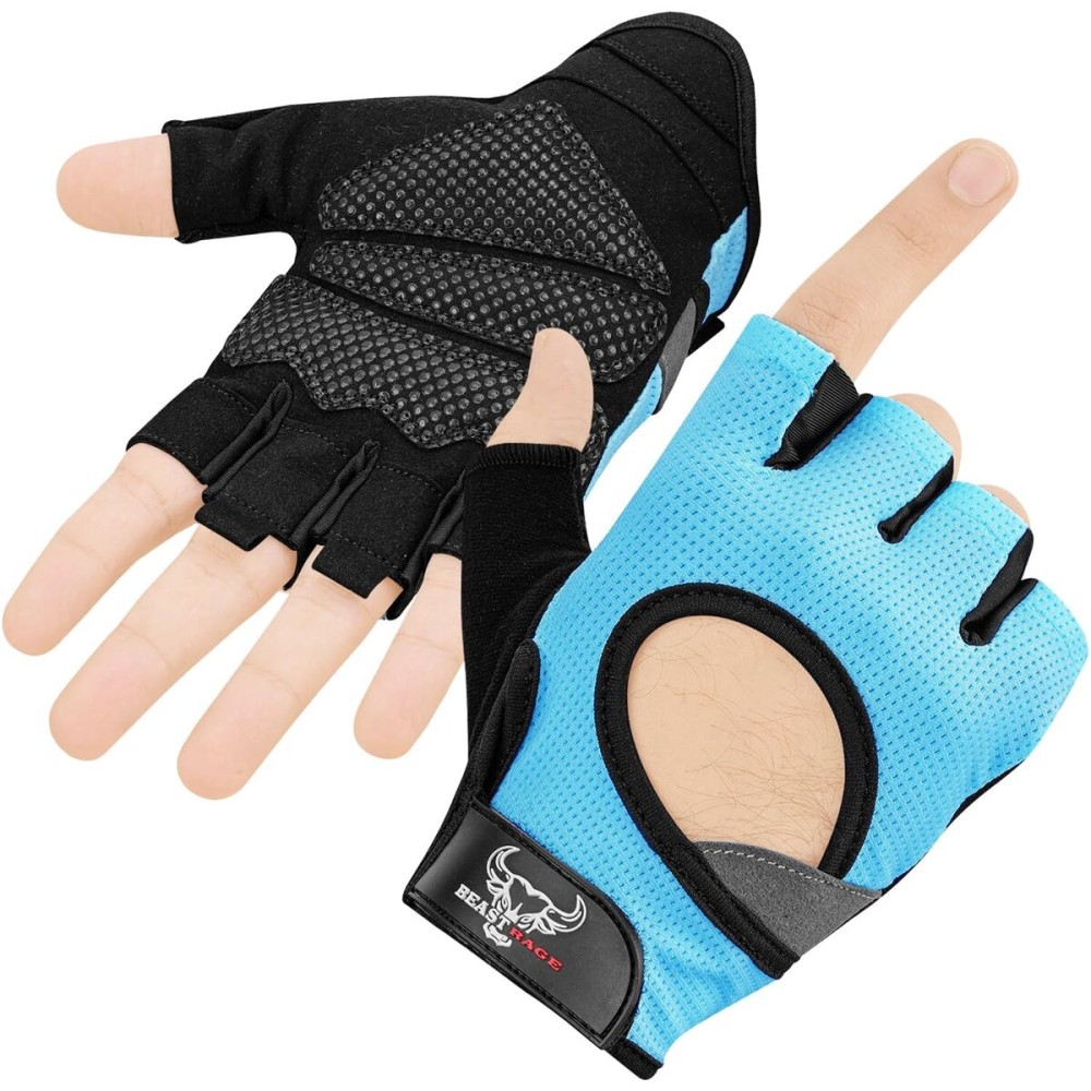 BEAST RAGE Workout Gloves for Men & Women, Weight Lifting Gym Gloves with Palm Protection, Breathable & Lightweight for Cycling, Pull Up (Aqua, L)