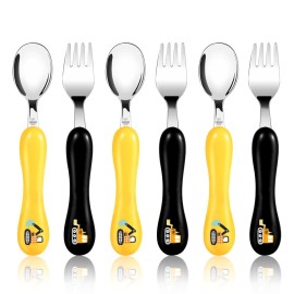 Lehoo Castle 6 Pieces Toddler Utensils, Kids Silverware for 2 3 4 Years Old, Stainless Steel Fork and Spoon Set with Plastic Handle, Safe Toddler Cutlery (Engineering Vehicle)