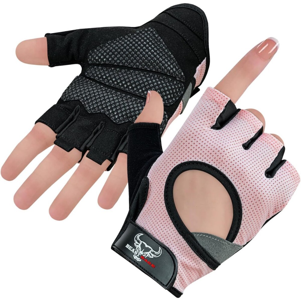 BEAST RAGE Workout Gloves for Men and Women, Fingerless Weight Lifting Gloves with Palm Protection Padding, Breathable and Lightweight Gym Gloves for Weightlifting, Cycling Pull Up (Pink, L), Large