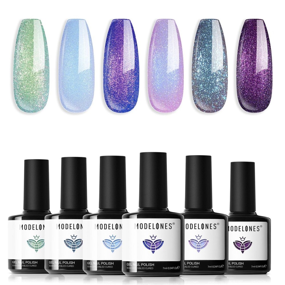 modelones Chameleon Gel Nail Polish Set- 6 Colors Christmas Winter Aurora Shimmer Glitter Gel Polish Kit Blue Green Purple Nail Gel Polish Soak Off LED Nail Lamp Nail Art Gel Kit DIY Salon Gift