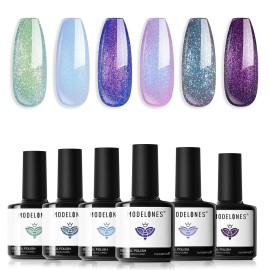 modelones Chameleon Gel Nail Polish Set- 6 Colors Christmas Winter Aurora Shimmer Glitter Gel Polish Kit Blue Green Purple Nail Gel Polish Soak Off LED Nail Lamp Nail Art Gel Kit DIY Salon Gift