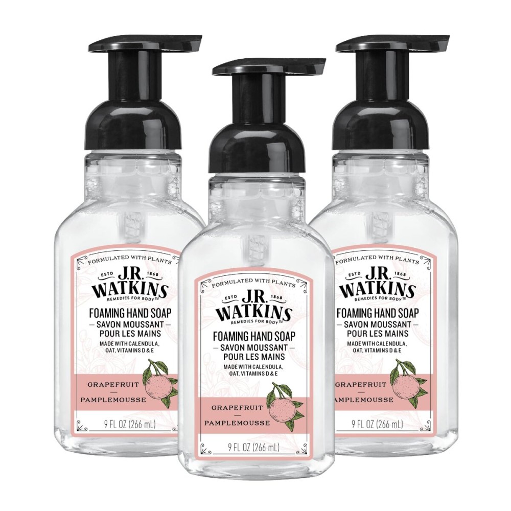 J.R. Watkins Foaming Hand Soap with Pump Dispenser, Moisturizing Foam Hand Wash, Alcohol-Free and Cruelty-Free, Grapefruit, 9 fl oz, 3 Pack