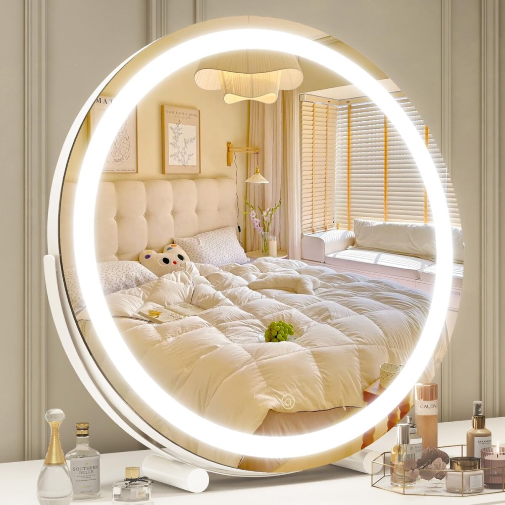 ROLOVE 10x10 Lighted Makeup Mirror, Hollywood Vanity Mirror with 3 Dimmable LED Bulbs, Dimmable Touch Screen, Light up Mirror, Portable Travel Mirror, 360 Rotation, White