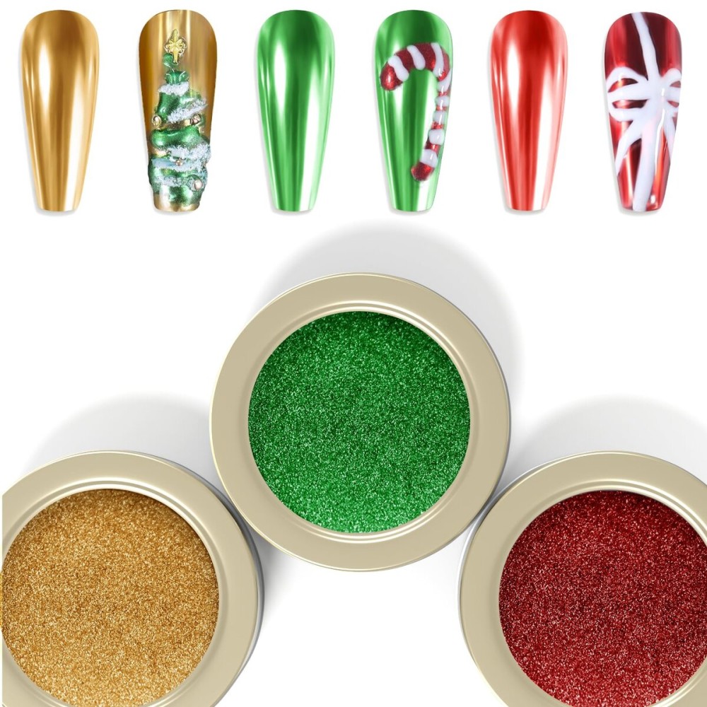 Laza 3 Colors Chrome Nail Powder Mirror Effect Metallic Dust Holographic Glitter Glazed Manicure Decoration Reflective Pigment for DIY Gel Polish Nail Art, Resin Craft, Gifts - Joyful Christmas