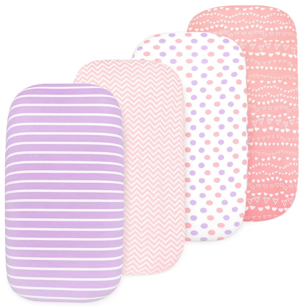 Bassinet Sheets Girl- 4-Pack Soft Fitted Bassinet Sheets, Organic Cotton, Breathable & Cozy, Fits 32x16x4 Inch Rectangle, Oval & Hourglass Mattresses (Lavender-Pink)