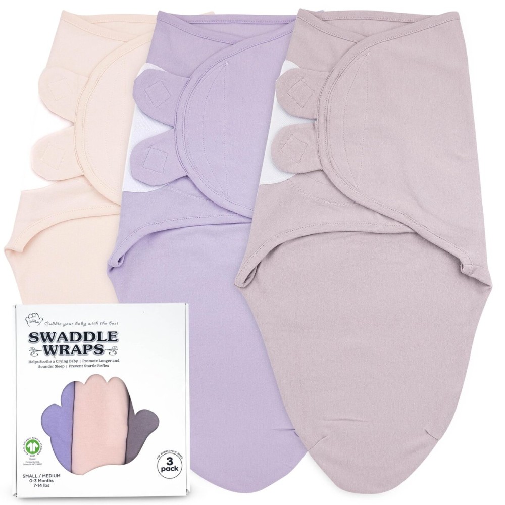 Bublo Baby Swaddles for Newborns - 3-Pack Infant Swaddles 0-3 Months - Adjustable Swaddle Sleep Sack - Soft Organic Cotton Baby Wrap for Safe & Cozy Sleep (Baby Pink-Lavender)