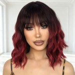 Nnzes Ombre Red Wig with Bangs for Women Bob Wavy Synthetic Wigs with Natural Shoulder Length Curly Heat Resistant Hair for Daily Party Use