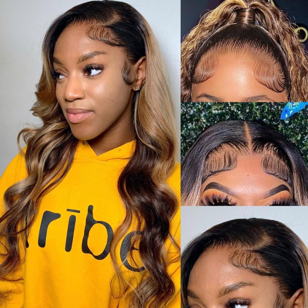 Aaliweya 360 Full Lace Front Wig Human Hair Pre Plucked 360 Body Wave Highlight Ombre HD Transparent Lace Frontal Wigs for Women 180% Dark Roots Glueless Super Soft 20 inch