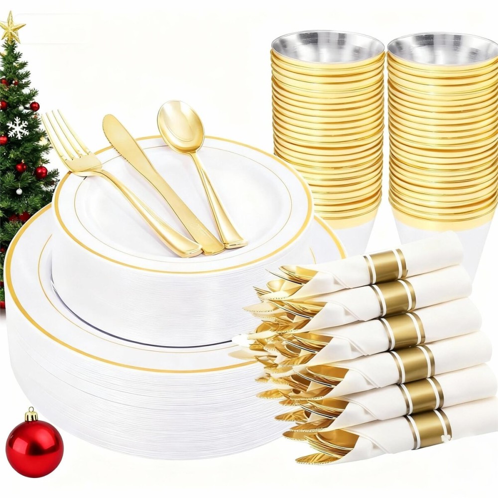 WELLIFE 210 Piece Gold Plastic Dinnerware Set, Include: 30 Dinner Plates, 30 Dessert Plates, 30 Pre Rolled Napkins with Silverware and 30 Cups