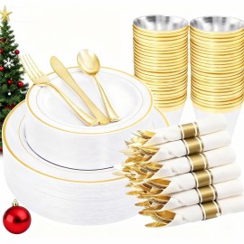 WELLIFE 210 Piece Gold Plastic Dinnerware Set, Include: 30 Dinner Plates, 30 Dessert Plates, 30 Pre Rolled Napkins with Silverware and 30 Cups