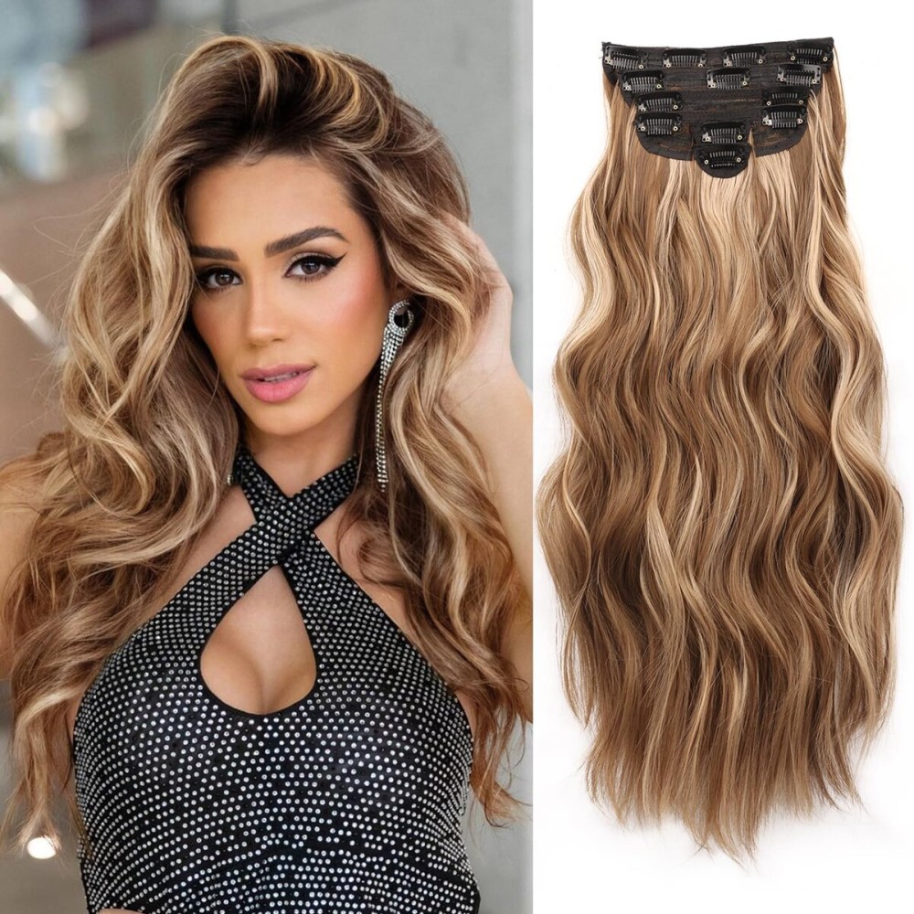 NAYOO Clip in Hair Extensions for Women 20 Inch Long Wavy Curly Brown Mix Blonde Hairpieces Full Head Synthetic Hairpieces (6PCS, Brown Mix Blonde)
