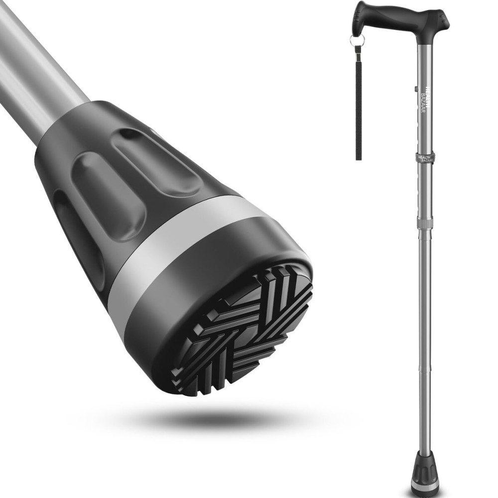 HEALTHBAZAAR All Terrain Walking Cane for Men & Women, Lightweight, Foldable, Adjustable, Shock Absorption, Collapsible Walking Stick for Seniors & Adults (Sliver)