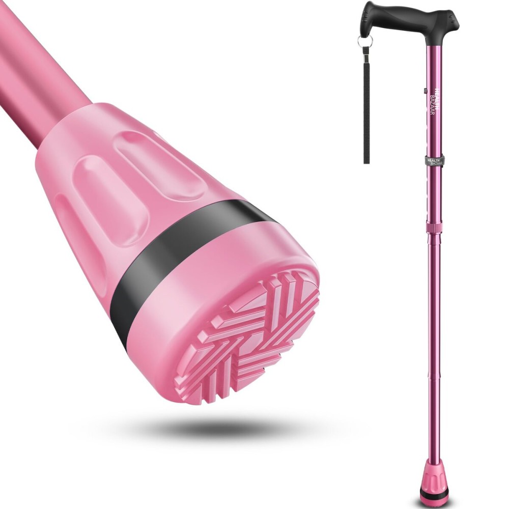 HEALTHBAZAAR All Terrain Walking Cane for Men & Women, Lightweight, Foldable, Adjustable, Shock Absorption, Collapsible Walking Stick for Seniors & Adults (Pink)