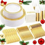 WELLIFE 350Pcs Gold Dinnerware Sets, Plates and Napkins Party Supplies Include:50 Dinner Plates, 50 Dessert Plates, 50 Paper Napkins, 50 Cups, 50 Gold Plastic Cutlery Set