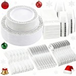 WELLIFE 350pcs Silver Party Dinnerware Set for 50 Guests, Silver Wedding Plates Disposable Heavy Duty, Including :50 Dinner Plates, 50 Dessert Plates, 50 Cups, 50 Napkins, 50 Sliver Silverware Set