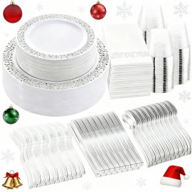 WELLIFE 350pcs Silver Party Dinnerware Set for 50 Guests, Silver Wedding Plates Disposable Heavy Duty, Including :50 Dinner Plates, 50 Dessert Plates, 50 Cups, 50 Napkins, 50 Sliver Silverware Set