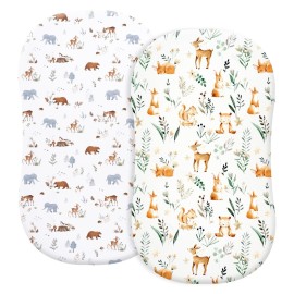 PHF Soft Bassinet Sheet Set, 2 Pack Silky Comfy Breathable Cradle Sheets for Baby Boys Girls, Univeral Fit for Most Oval Rectangle Cradle and Bassinet Mattress/Pad, Woodland