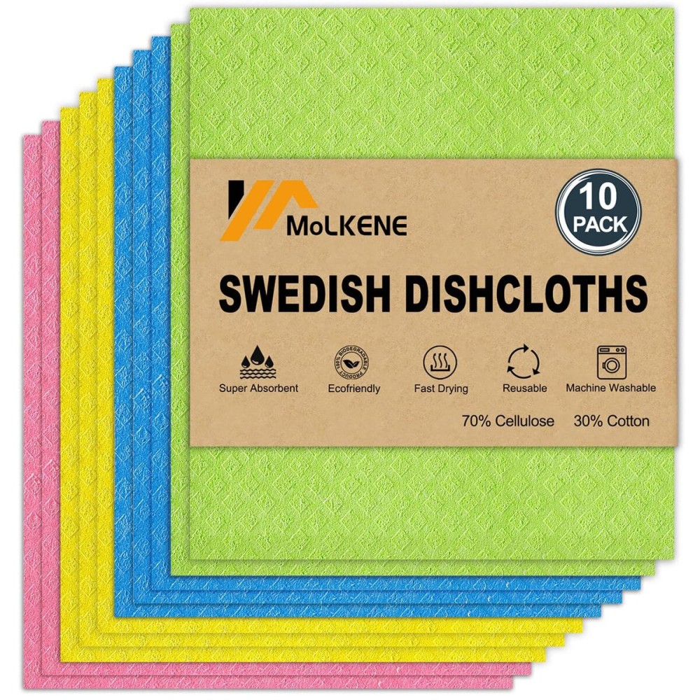 MoLKENE Swedish Dishcloths for Kitchen | 10 Pack Cellulose Sponge Dish Cloths Washable | Non-Scratch Reusable Towels Rags Ultra-Absorbent Cleaning Cloths Quick Drying
