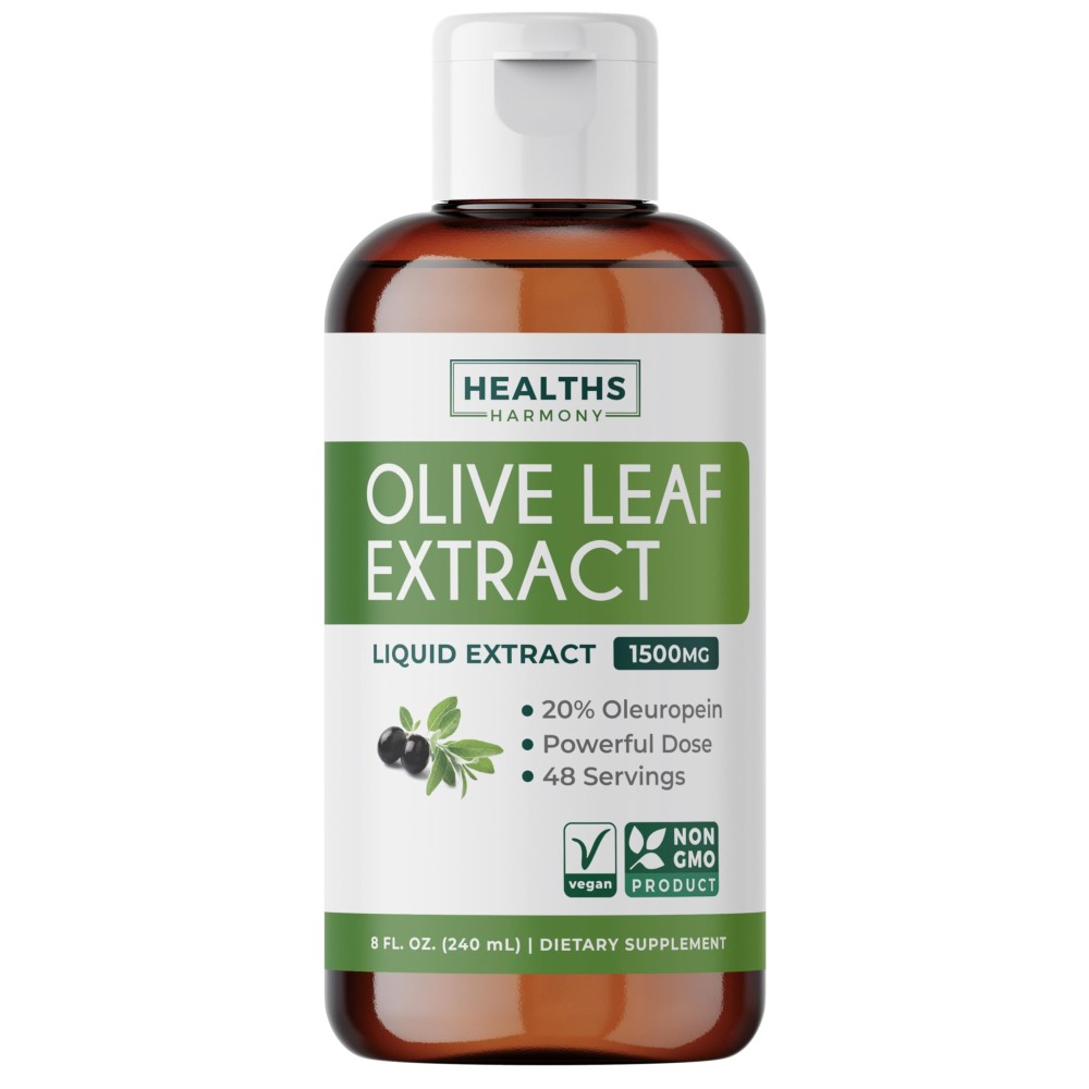 Olive Leaf Extract (Non-GMO) Super Strength: 20% Oleuropein - 1500mg - Vegetarian - Immune Support Supplement, Skin Health, and Powerful Antioxidants Supplement - Liquid Extract - 8 Fl Oz