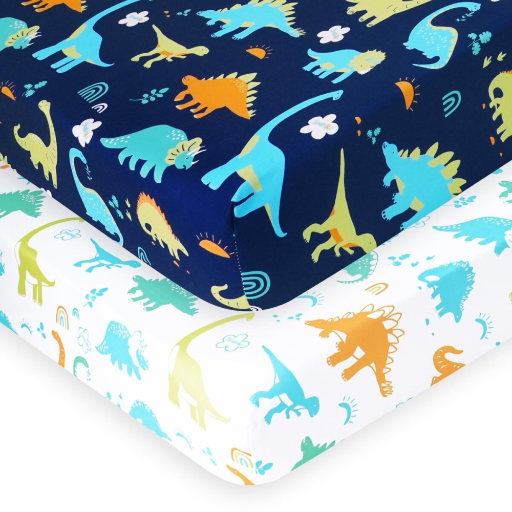 PHF Soft Crib Sheet Fitted, 2 Pack Baby Sheets for Boys Girls, 28x52x9in Fits Standard Crib and Toddler Mattresses, Silky Comfy Breathable Polyester Baby Mattress Sheets, Dinosaur