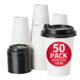 RACETOP 12 oz 50 Pack Disposable Paper Coffee Cups with Lids, Paper Coffee Cups with Lids 12 oz, Hot Cup for Home/Office