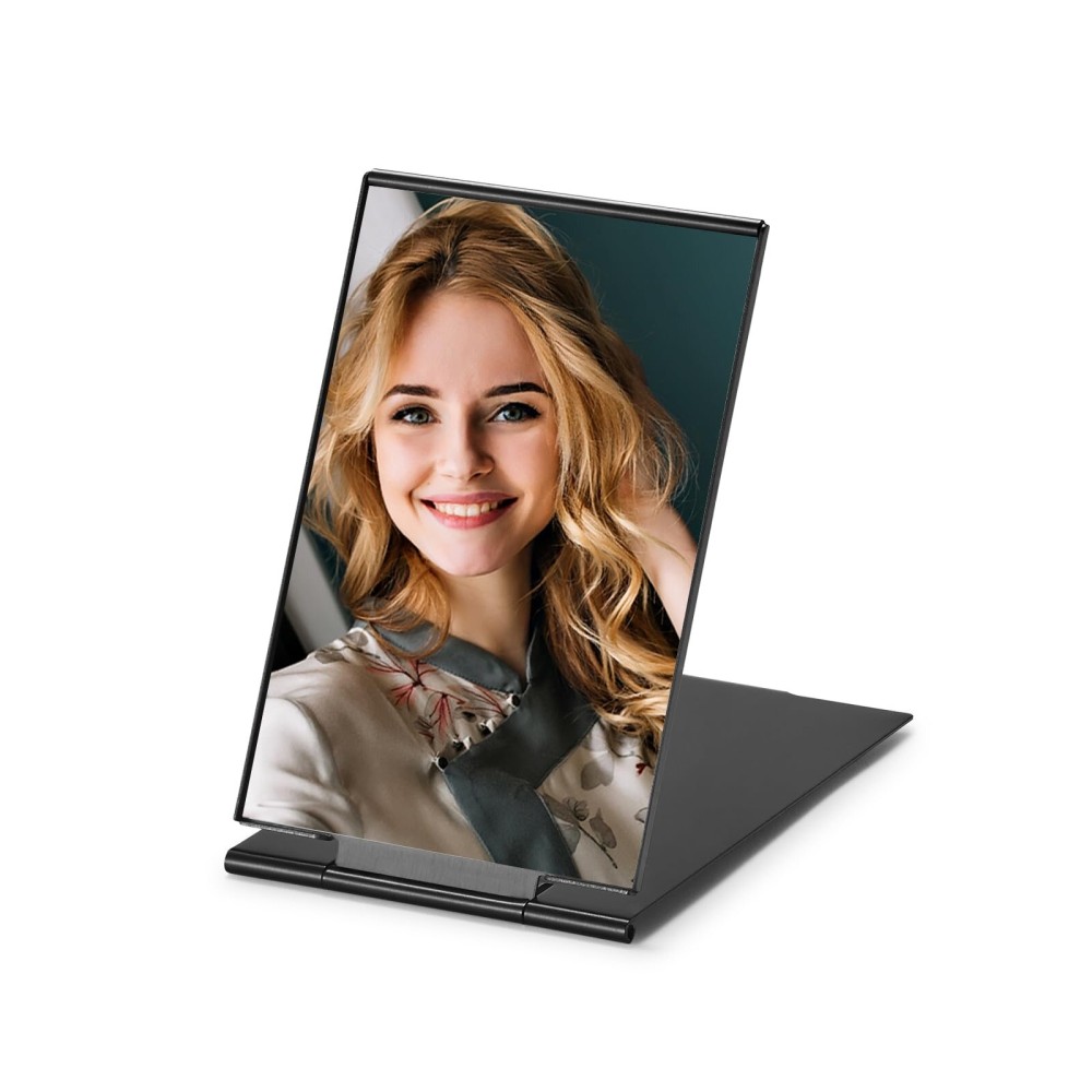 MIRRORNOVA Portable Folding Mirror, Ultra-Slim Makeup Tabletop Mirror for Travel with Aluminum Shell, Black, Mini Size, 4.7\'\'