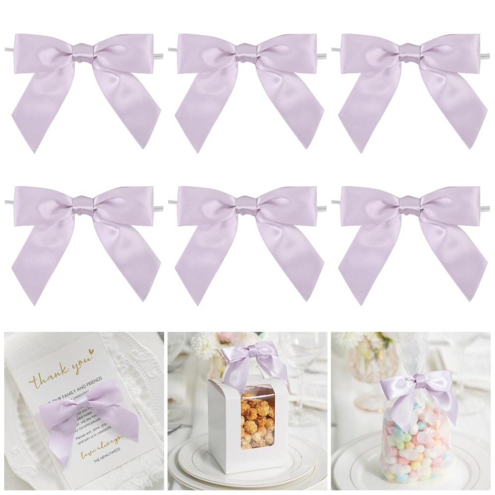 AIMUDI Purple Twist Tie Bows for Treat Bags 3.5 Lilac Satin Ribbon Bows for Crafts Premade Bows with Twist Ties for Crafts Cake Pop Candy Apple Small Bows for Gift Wrapping Wedding Decor, 50 PCs