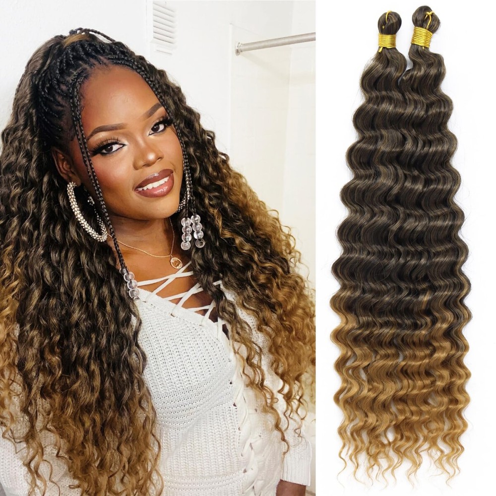 Eerya Long Curly Braiding Hair 18 Inch 2 Packs Ocean Wave Crochet Hair for Black Women Deep Wave Braiding Hair for Boho Braids (18 inch, T1B/27)