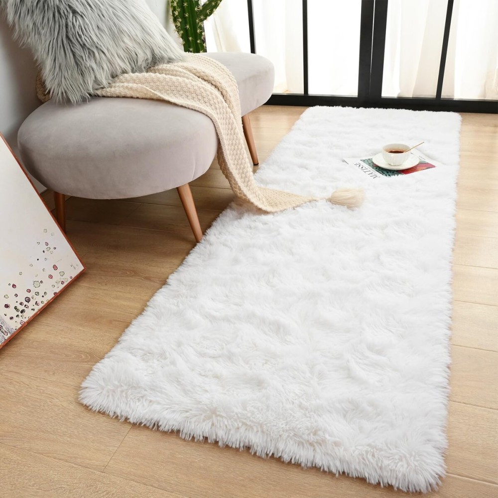 Terrug White Fluffy Runner Rug for Bedroom, 2x6 Ft Cute Shag Area Rugs for Hallway, Soft Machine Washable Plush Carpet with Non Slip Backing for Bathroom Bedside Kitchen Floor Decoration