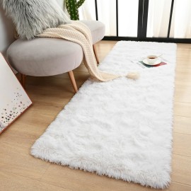 Terrug White Fluffy Runner Rug for Bedroom, 2x6 Ft Cute Shag Area Rugs for Hallway, Soft Machine Washable Plush Carpet with Non Slip Backing for Bathroom Bedside Kitchen Floor Decoration