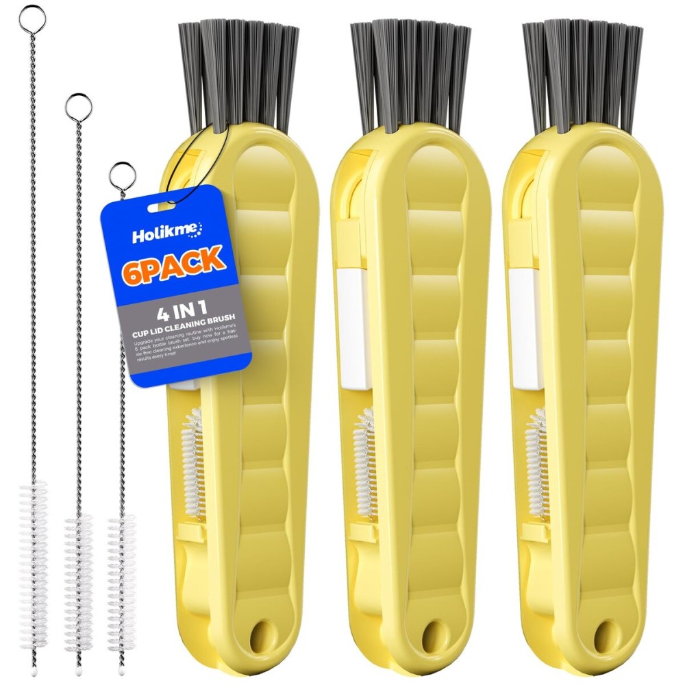 6 Pack Holikme 4 in 1 Cup Lid Cleaning Brush Set with 3 Straws, Multifunctional Bottle Brush, Silicone Cup Lid Gap Cleaner, Durable Bristle Crevice Cleaning Brush, Yellow