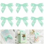 AIMUDI Twist Tie Bows for Treat Bags 3.5 Aqua Blue Satin Ribbon Bows for Crafts Premade Bows with Twist Ties for Crafts Cake Pop Candy Apple Small Bows for Gift Wrapping Wedding Decor, 50 PCs
