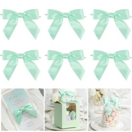 AIMUDI Twist Tie Bows for Treat Bags 3.5 Aqua Blue Satin Ribbon Bows for Crafts Premade Bows with Twist Ties for Crafts Cake Pop Candy Apple Small Bows for Gift Wrapping Wedding Decor, 50 PCs