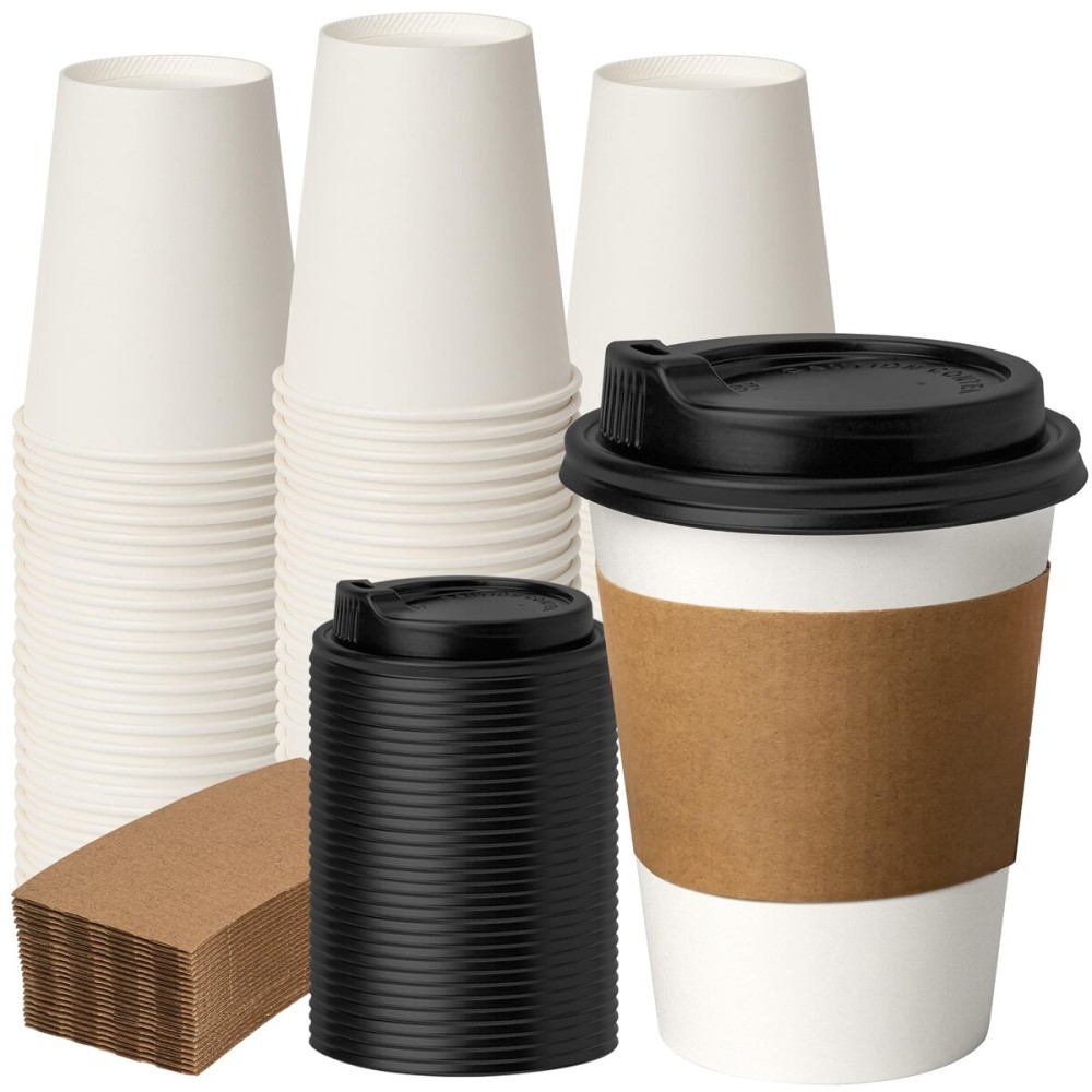 RACETOP 50 Pack 12 oz Disposable Paper Coffee Cups with Lids and Kraft Sleeves, Paper Coffee Cups with Lids and Kraft Sleeves 12 oz, Hot Cups for Home/Office