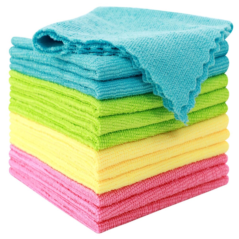 MOONQUEEN 12 Pack Microfiber Cleaning Cloth - Reusable Cleaning Rag, Fast Drying Cleaning Towels,12X12, Green/Blue/Yellow/Pink