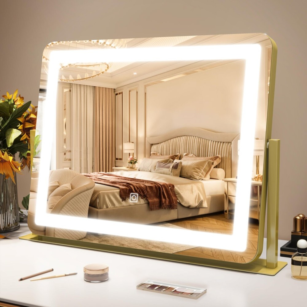 ROLOVE Gold Vanity Mirror with Lights - Smart Touch Dimming, 3-Color Lighting, 360 Rotatable Desktop Makeup Mirror for Desk, 22x17