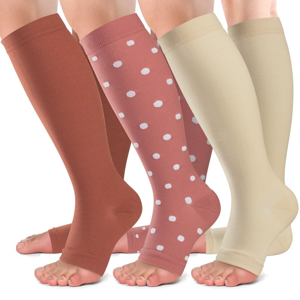 bropite Open Toe Compression Socks for Men & Women - 3 Pairs of 15-20 mmhg Knee High Stockings for Circulation Support