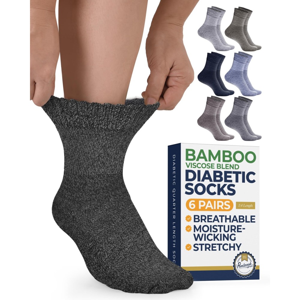 Pembrook Bamboo Viscose Diabetic Socks for Women & Men - 6 Pairs Ankle Socks for Swollen Feet | Neuropathy Socks | Womens Diabetic Socks | Tan, Light Tan, Navy, Light Blue, Grey, Light Grey