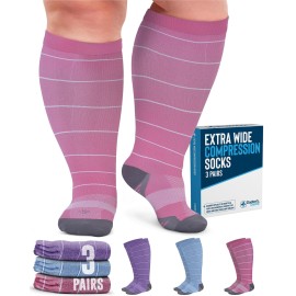 Doctor\'s Select 3 Pairs Plus Size Compression Socks Wide Calf - Up to 6XL | 20-30 mmHg Plus Size Wide Calf Socks | Blue, Pink, Purple (Stripes)
