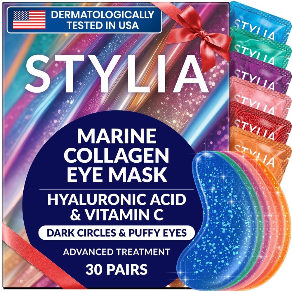 Stylia Collagen & Vitamin C Under Eye Patches for Puffy Eyes & Dark Circles - Depuffing, Hydrating & Firming Under Eye Mask with Hyaluronic Acid - Stocking Stuffers for Teen Girls, Vegan (30 Pairs)