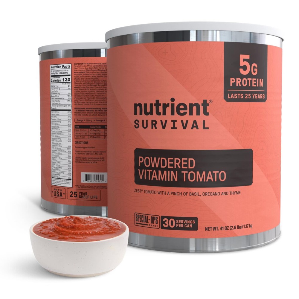 Nutrient Survival Tomato Powder, Powdered Vitamin Tomato (30 Servings) Emergency Food Supply & Camping Supplies for Soups, Sauces, Meatloaf, 40 Nutrients, Shelf Stable up to 25 Years, One Can