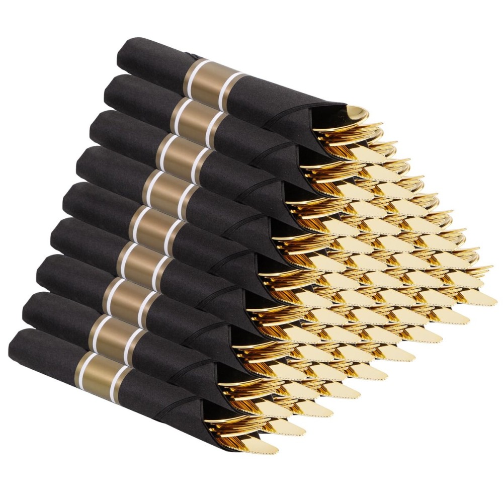 Supernal 60 Pack Gold Silverware, Rolled, Pre Wrapped with Black Napkins, Heavy Duty Plastic Cutlery, Forks and Spoons