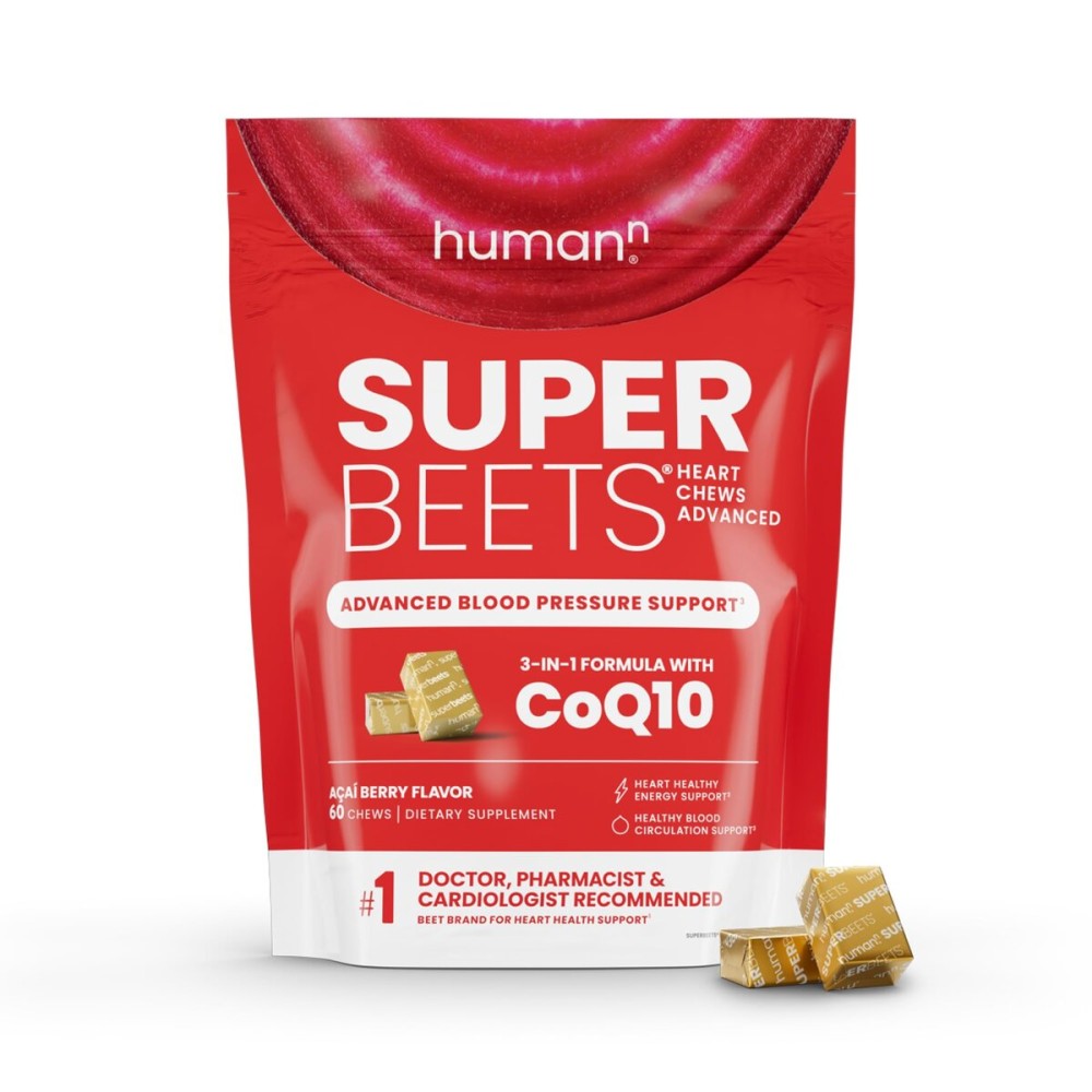 humanN SuperBeets Heart Chews Advanced - 100mg of CoQ10 Plus Beetroot & Grape Seed Extract, 60 Count