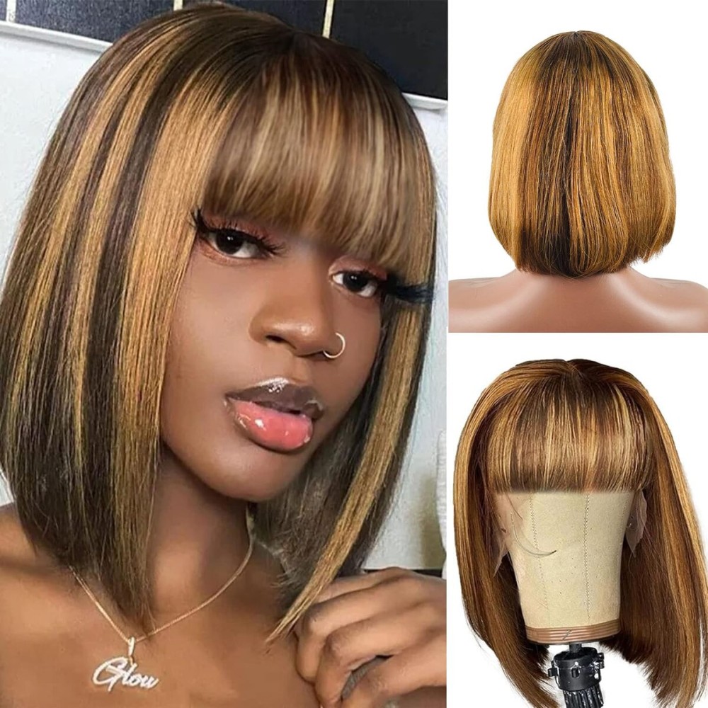 Rebasar 8 Inch Bob Wigs Human Hair With Bangs Straight Wigs Brazilian Virgin Hair Glueless Wear and Go Wig Ombre Blonde Highlight Short Bob Wigs for Black Women Human Hair 4/27