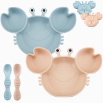 PandaEar 2 Pack Silicone Suction Plate for Baby, Divided Unbreakable Toddler Food Plate with 2 Pack Spoons for Self Feeding, Toddler Utensils Feeding Set Baby Eating Supplies, Crab Shape (Blue&Pink)