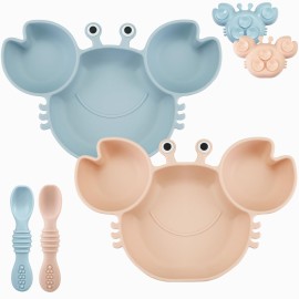 PandaEar 2 Pack Silicone Suction Plate for Baby, Divided Unbreakable Toddler Food Plate with 2 Pack Spoons for Self Feeding, Toddler Utensils Feeding Set Baby Eating Supplies, Crab Shape (Blue&Pink)